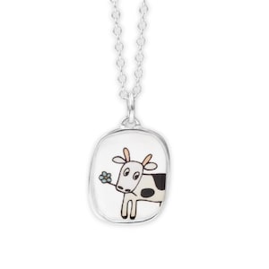 Sterling Silver Cow Necklace: Enamel Pendant, Adjustable Chain