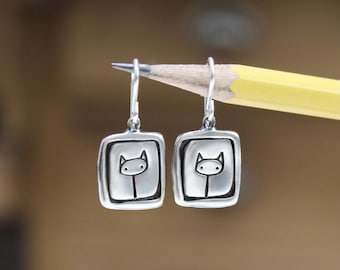 Sterling Silver Cat Charm Dangle Earrings - Kitten Jewelry - New Cat Gift