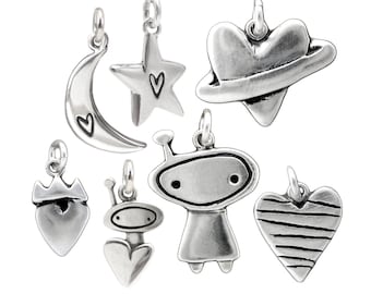 Celestial Charm - Sterling Space Charms - Extra Charm for Charm Bracelet - Sterling Silver Cute Alien, Moon, Star or Heart Charm Add On