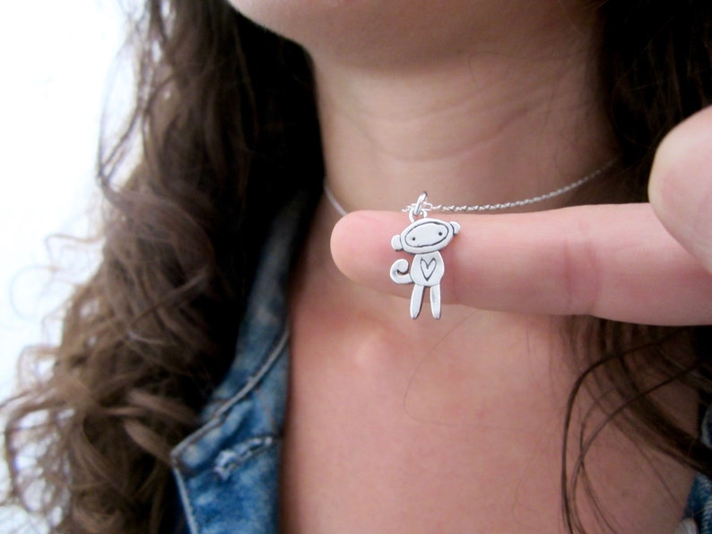 Tiny Sock Monkey Necklace Sterling Silver Monkey Pendant Sock Monkey Charm on Adjustable Sterling Chain image 6