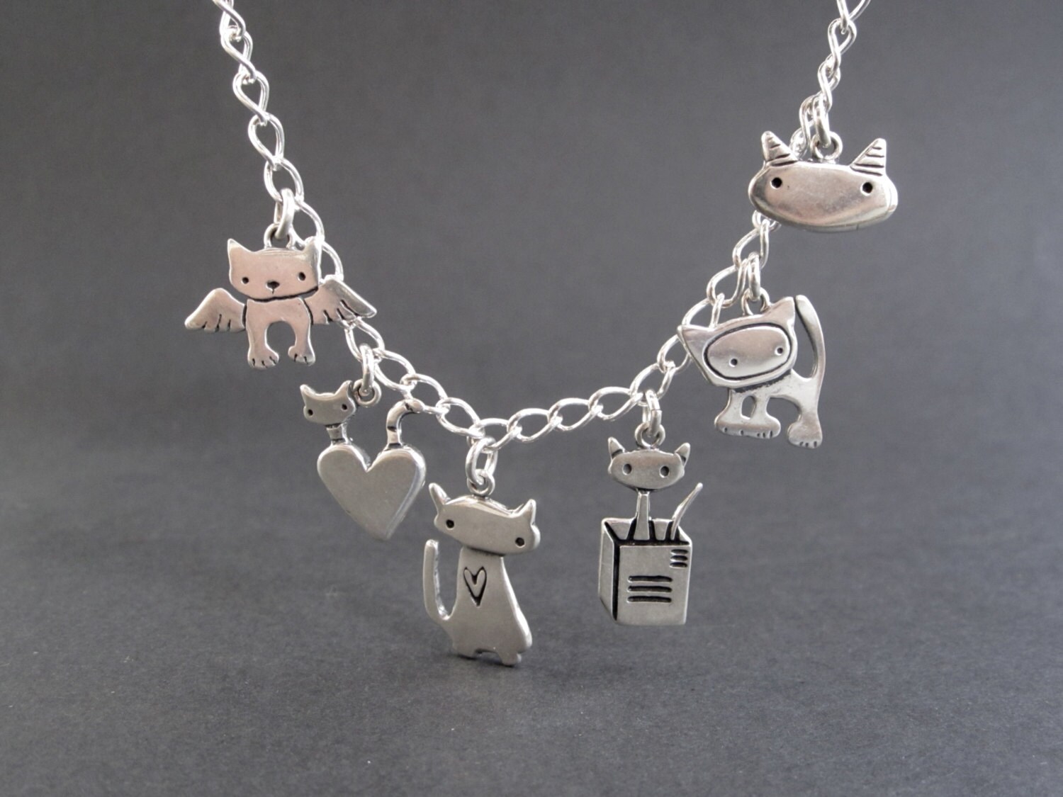 Cat Charm Bracelet Sterling Silver Cat Bracelet with 6 Cat Etsy