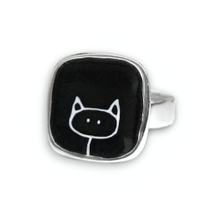 Sterling Silver and Vitreous Enamel Cat Ring - Black Cat - White Cat - Handmade Cat Jewelry