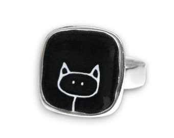 Sterling Silver and Vitreous Enamel Cat Ring - Black Cat - White Cat - Handmade Cat Jewelry