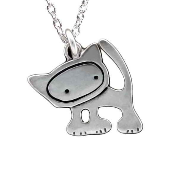 Tiny Punk Kitty Necklace - Sterling Silver Cat Pendant - Cute Cat Charm on Adjustable Chain