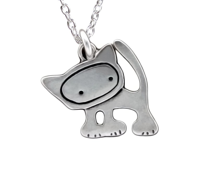 Tiny Punk Kitty Necklace Sterling Silver Cat Pendant Cute Cat Charm on Adjustable Chain image 1