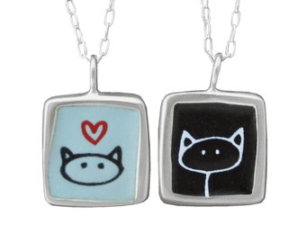 Black Cat Necklace - Love Kitty Necklace - Reversible Sterling Silver and Vitreous Enamel Cat Pendant on Adjustable Sterling Chain