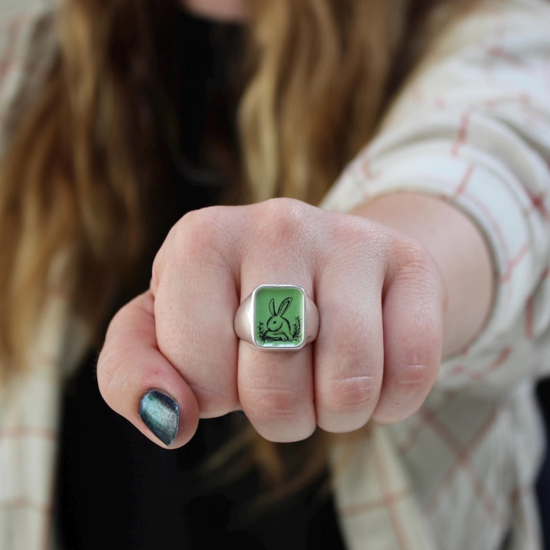 Vintage Rabbit Signet Ring: Sterling Silver Vitreous Enamel Bunny ...
