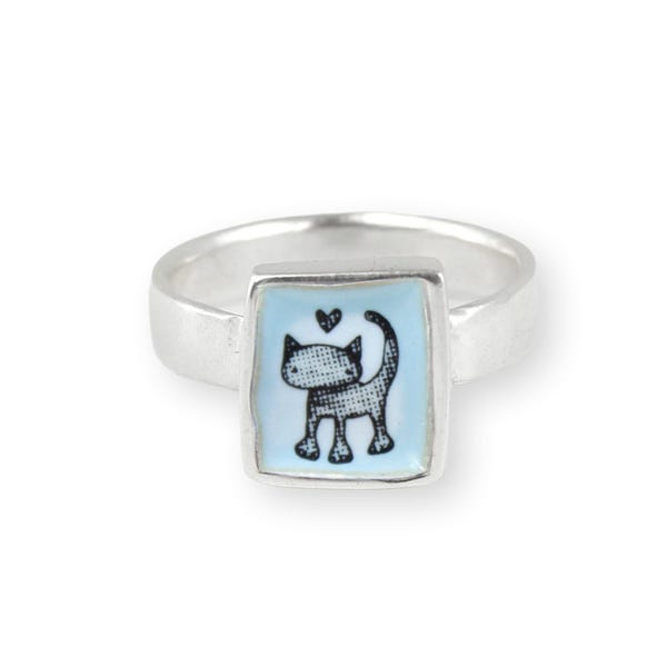 Anillo de gato de plata esterlina: joyería artesanal de esmalte vítreo