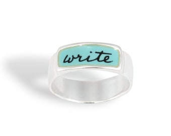 Write Band Ring - Sterling Silver and Vitreous Enamel Script Ring - Ring for Writers and Poets
