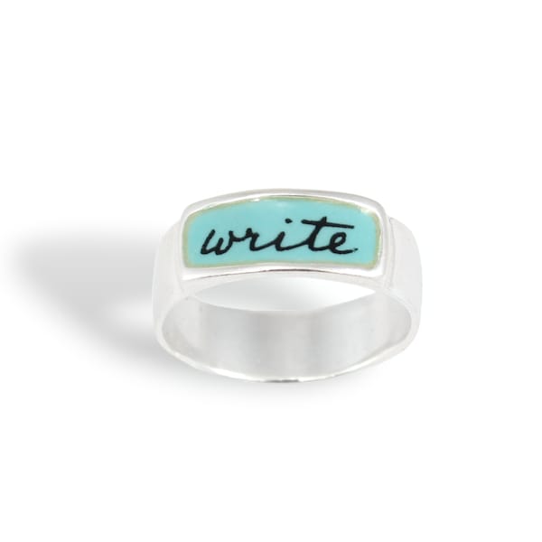 Write Band Ring - Sterling Silver and Vitreous Enamel Script Ring - Ring for Writers and Poets