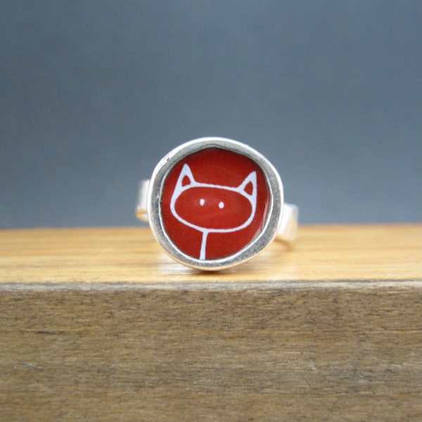 Anillo de gatito con barra de esmalte rojo: joyería de gato en plata de ley
