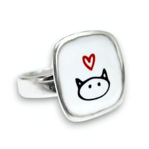 Sterling Silver White Cat Ring - White Enamel Cat Ring - Cat Statement Ring
