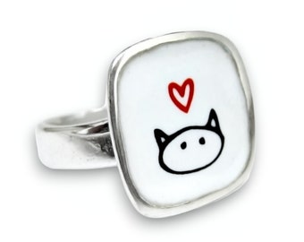 Sterling Silver White Cat Ring - White Enamel Cat Ring - Cat Statement Ring