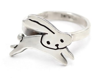 Sterling Silver Bunny Ring - Flying Bunny Ring - Easter Rabbit Ring