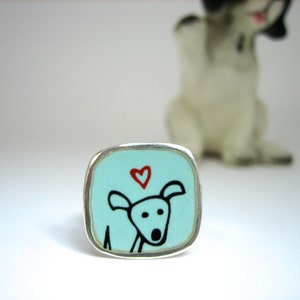 Happy Dog Enamel and Sterling Silver Ring Robin's Egg Blue Vitreous Enamel with Original Dog Drawing Handmade Dog Ring image 2