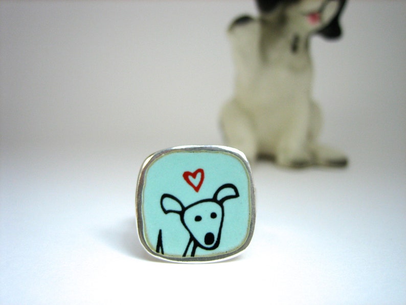 Happy Dog Enamel and Sterling Silver Ring Robin's Egg Blue Vitreous Enamel with Original Dog Drawing Handmade Dog Ring image 2