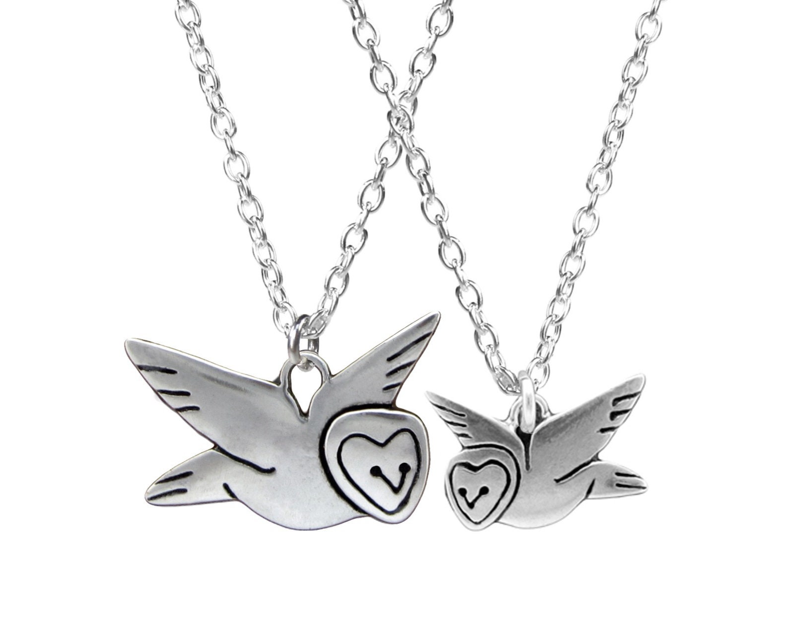 Mother Daughter Barn Owl Charm Set - Set of Two Sterling Silver Owl Necklaces on Adjustable Sterling
