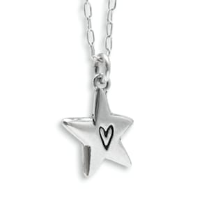 Sterling Silver Star Necklace - Heart Charm, Adjustable Chain