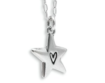 Sterling Silver Star Necklace - Heart Charm, Adjustable Chain