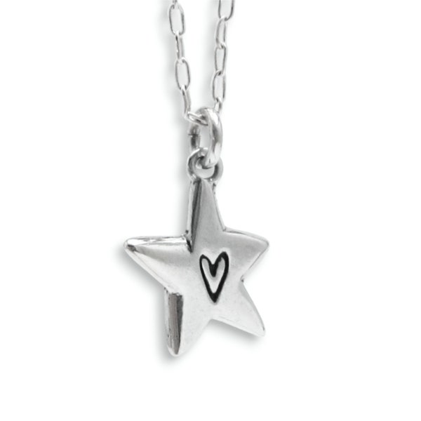 Sterling Silver Star Necklace - Heart Charm, Adjustable Chain