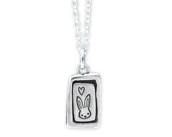 Sterling Silver Bunny Rabbit Necklace: Adjustable Chain, Heart Charm