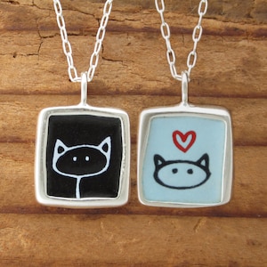 Black Cat Necklace Love Kitty Necklace Reversible Sterling Silver and ...