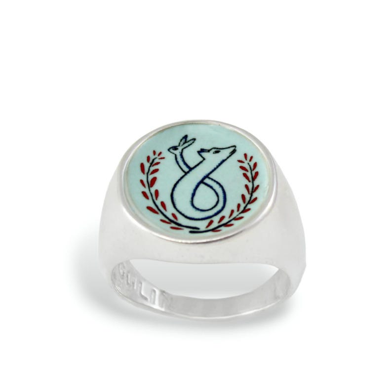 Sterling Silver Signet Ring: Wolf & Rabbit Enamel Jewelry - Etsy