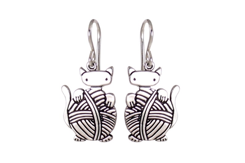 Knitting Cat Earrings Sterling Silver Knitten Earrings image 0