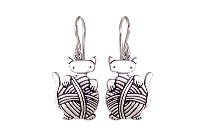 Knitting Cat Earrings  Sterling Silver Knitten Earrings image 0