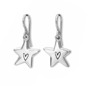 Little Star Earrings - Sterling Silver Star With Heart Dangle Earrings