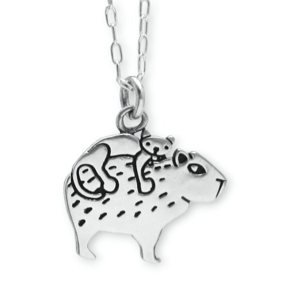 Sterling Cat and Capybara Charm Necklace - Silver Silver Capybara Pendant on Adjustable Sterling Silver Chain