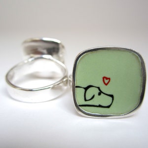 Dog Ring Light Green Vitreous Enamel with Original Dog Drawing image 4