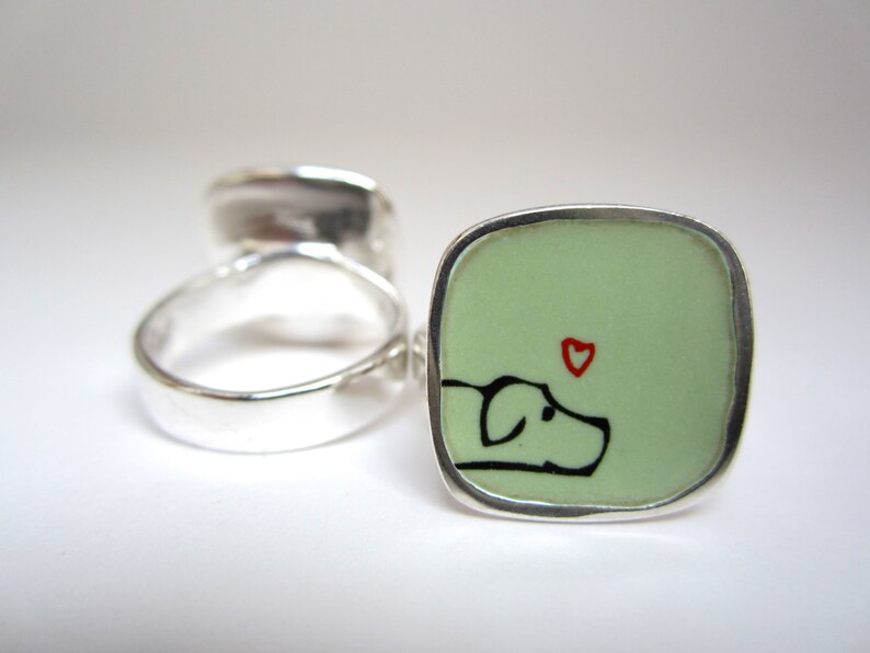 Dog Ring Light Green Vitreous Enamel with Original Dog Drawing image 4