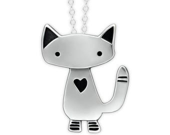 Alley Cat Charm Necklace - Sterling Silver Cat Pendant - Cat Love on Adjustable Chain