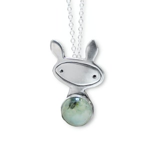 Bunny Boy Necklace on Adjustable Chain- Green Prehnite and Sterling Silver Rabbit Charm Necklace - Year of the Rabbit