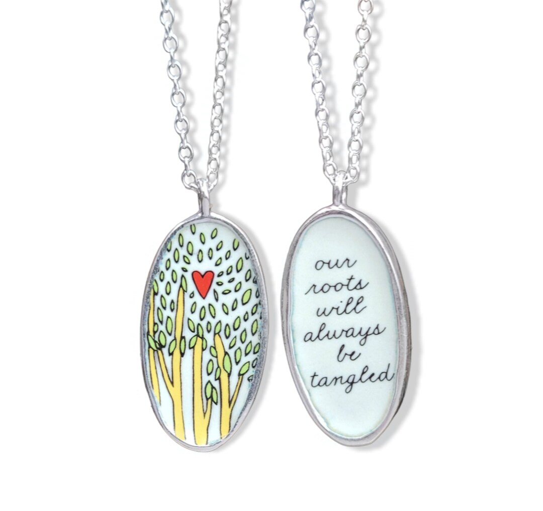 Sterling Silver and Enamel Trees and Roots Pendant With Quote 