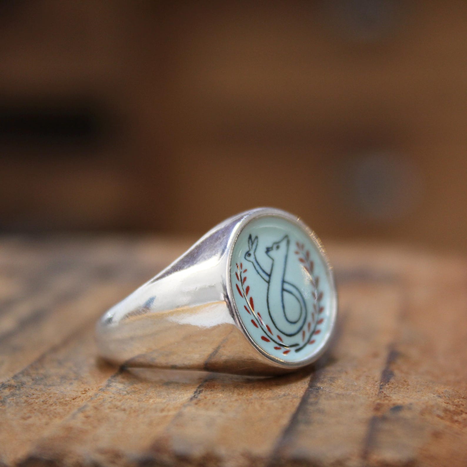 Sterling Silver Signet Ring: Wolf & Rabbit Enamel Jewelry - Etsy