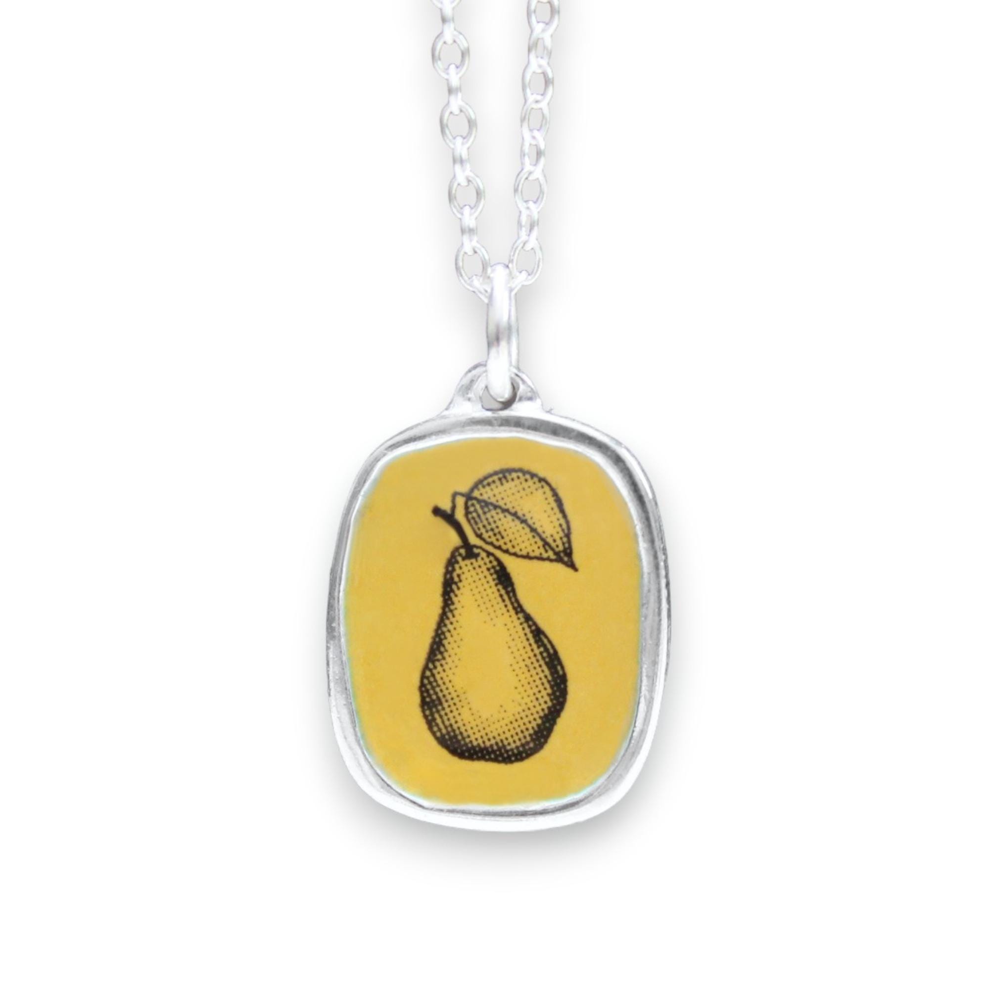 Pear Pendant - Sterling Silver Pear Charm Necklace - Vitreous Enamel and Sterling Silver on Adjustable Chain