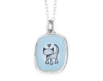 Kitty Cat Face Necklace Synthetic Blue Opal Sterling Silver Adjustable Kitty Cat Face Necklace Synthetic Blue Opal Sterling Silver Adjustable