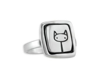 Stick Kitty Ring - Sterling Silver Cat Sketch Charm Ring
