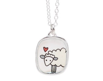 Sterling Silver Sheep Charm Necklace - Silver and Vitreous Enamel Handmade Sheep Pendant on Adjustable Sterling Chain
