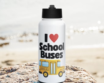 Botella de agua con la frase "Me encantan los autobuses escolares"