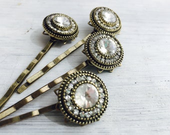 Antiqued Gold Rhinestone Hair Pins, bridal, special occasion bobby pins, sold individually