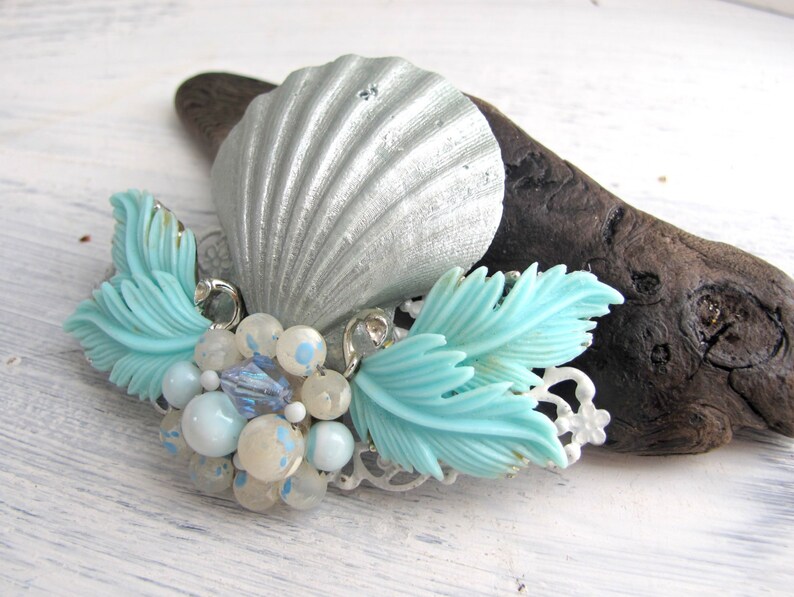 Shimmering Silver Seashell and Aqua Vintage Jewel Assemblage Bridal Hair Comb Coastal Wedding Beach Wedding No.12
