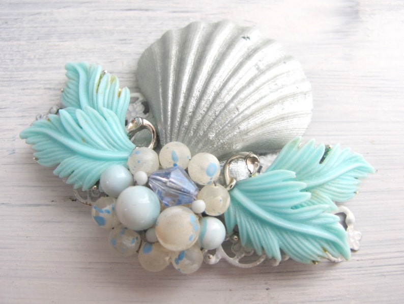 Shimmering Silver Seashell and Aqua Vintage Jewel Assemblage Bridal Hair Comb Coastal Wedding Beach Wedding No.12