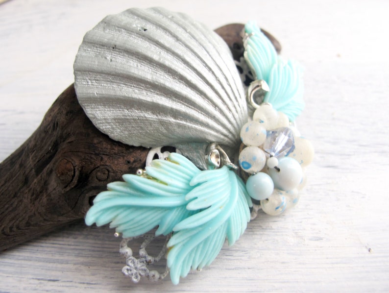 Shimmering Silver Seashell and Aqua Vintage Jewel Assemblage Bridal Hair Comb Coastal Wedding Beach Wedding No.12