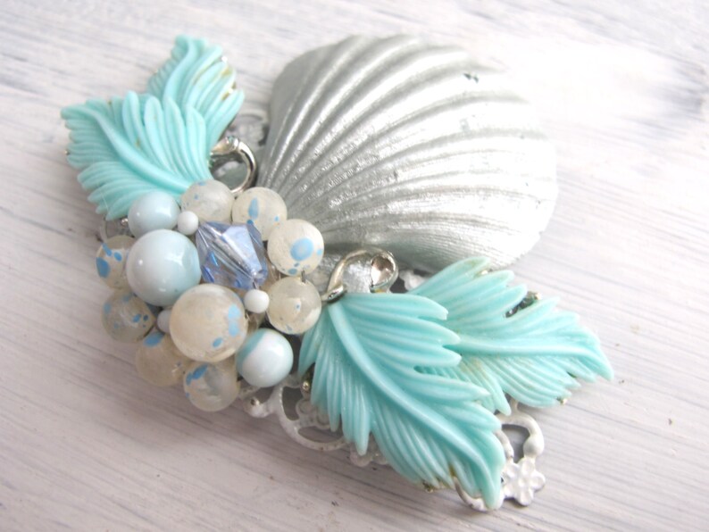 Shimmering Silver Seashell and Aqua Vintage Jewel Assemblage Bridal Hair Comb Coastal Wedding Beach Wedding No.12