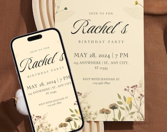Editable Birthday Invitation A6 Template, Minimalist Floral Party Invite (Digital Download)