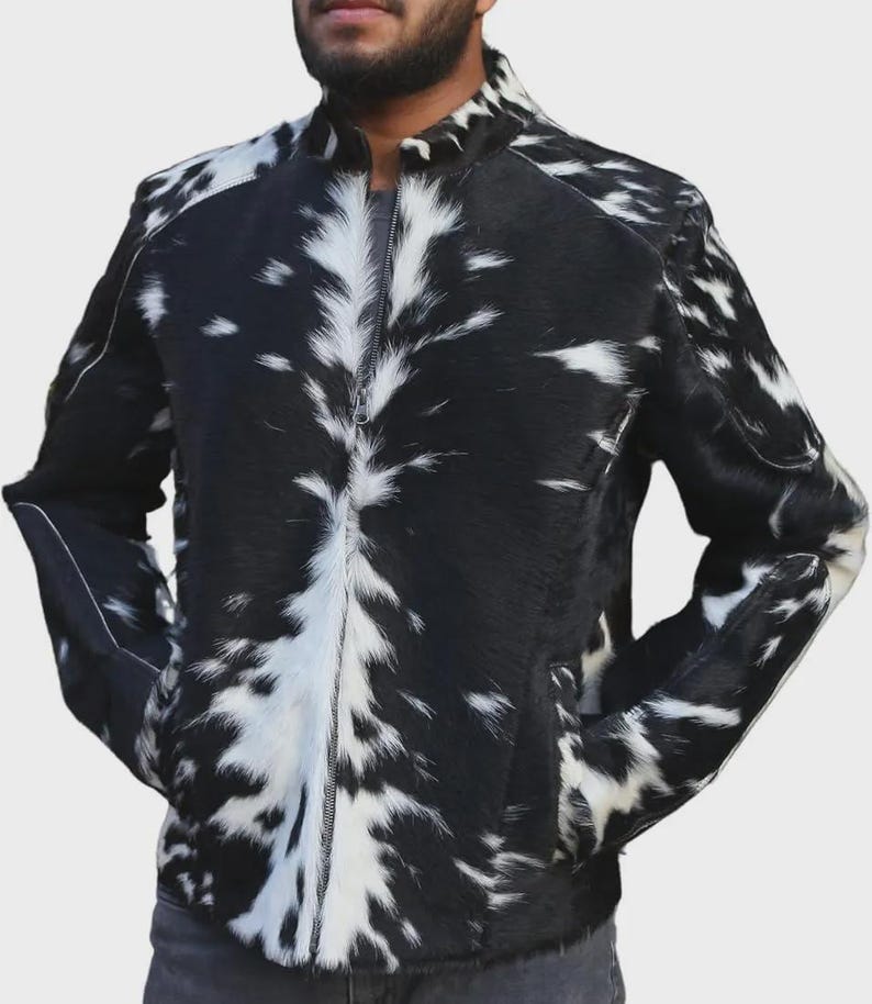 Cuir Jackets Brown Black White Cowhide Jacket – Real Hair on Cow Skin, Stylish Western Leather Black-White