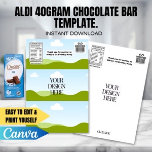 Pode incluir: Modelo imprimível para um invólucro de barra de chocolate de 40 gramas. O modelo apresenta uma paisagem verde e azul com nuvens e o texto "Seu design aqui". O modelo é projetado para ser usado com Canva e inclui um rótulo de informações nutricionais e um lado para colar.